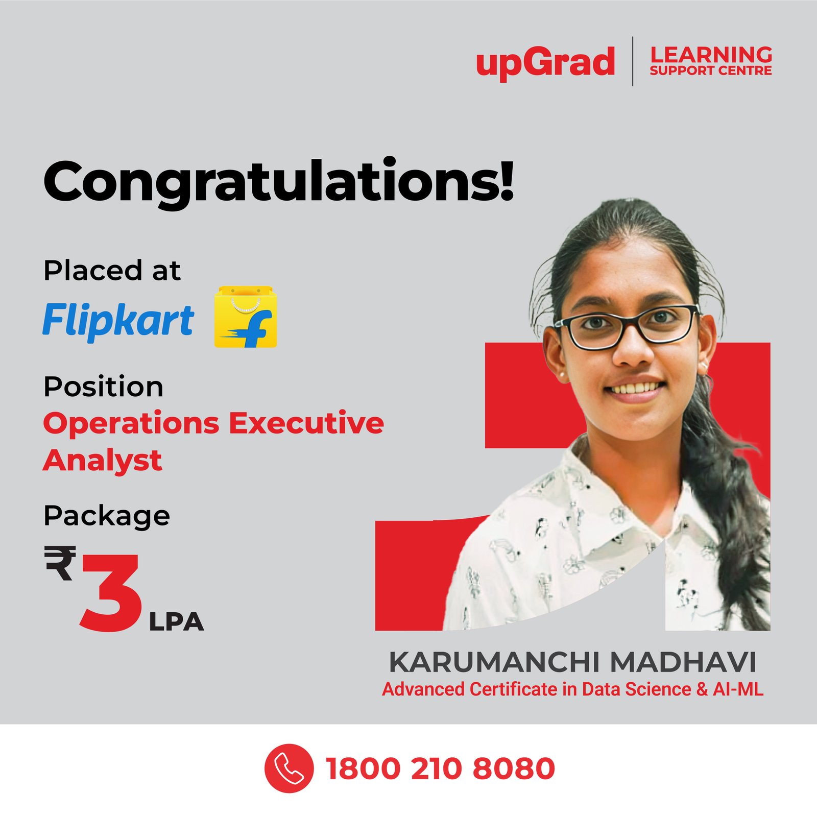 Karumanchi Madhavi placed at Flipkart as an Operations Executive Analyst with a package of 3 LPA